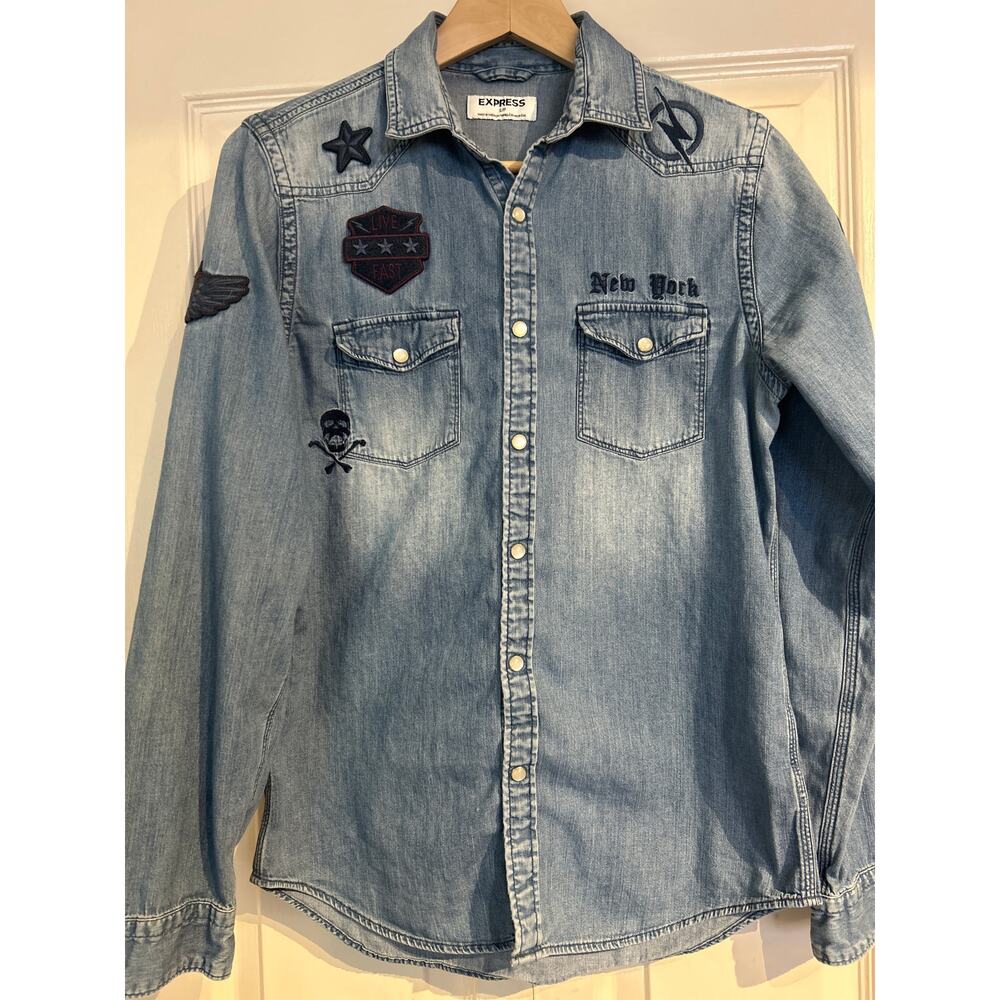 Express Denim Style Patch Shirt with Pearly Snaps